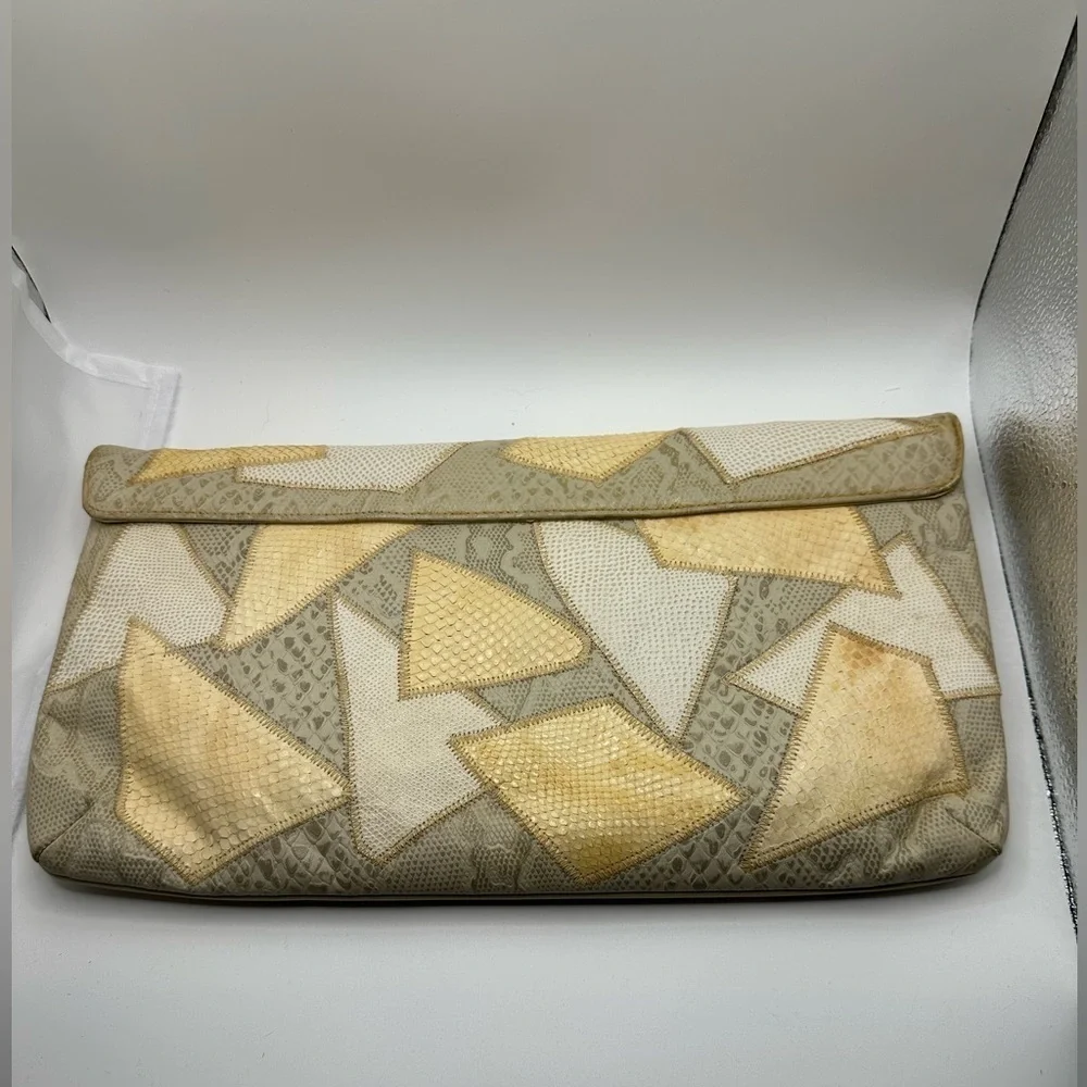Vintage 1980s snakeskin patchwork clutch handbag